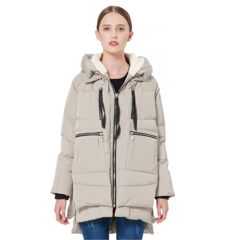 Orolay Winter Coat Puffer Down Jacket - Beige/Black with Orange Lining